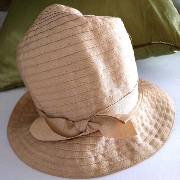 Vintage Palmer Ribbon Hat Size Small Ladies Tan Cloche With Bow - Picture 3 of 16
